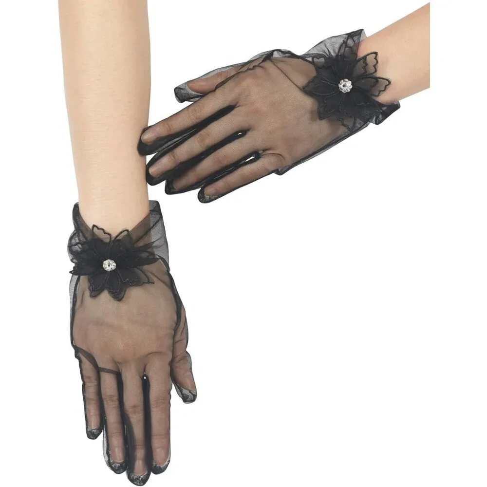 Women's Evening Black Mesh Lace Short Gloves Wedding Bridal Tea Party Prom